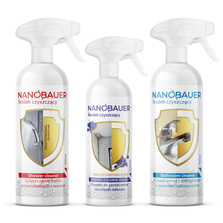 NANOBAUER SHOWER CLEANER 750ml + BATHROOM CLEANER 750ml + Pleśń i czarne osady 500ml